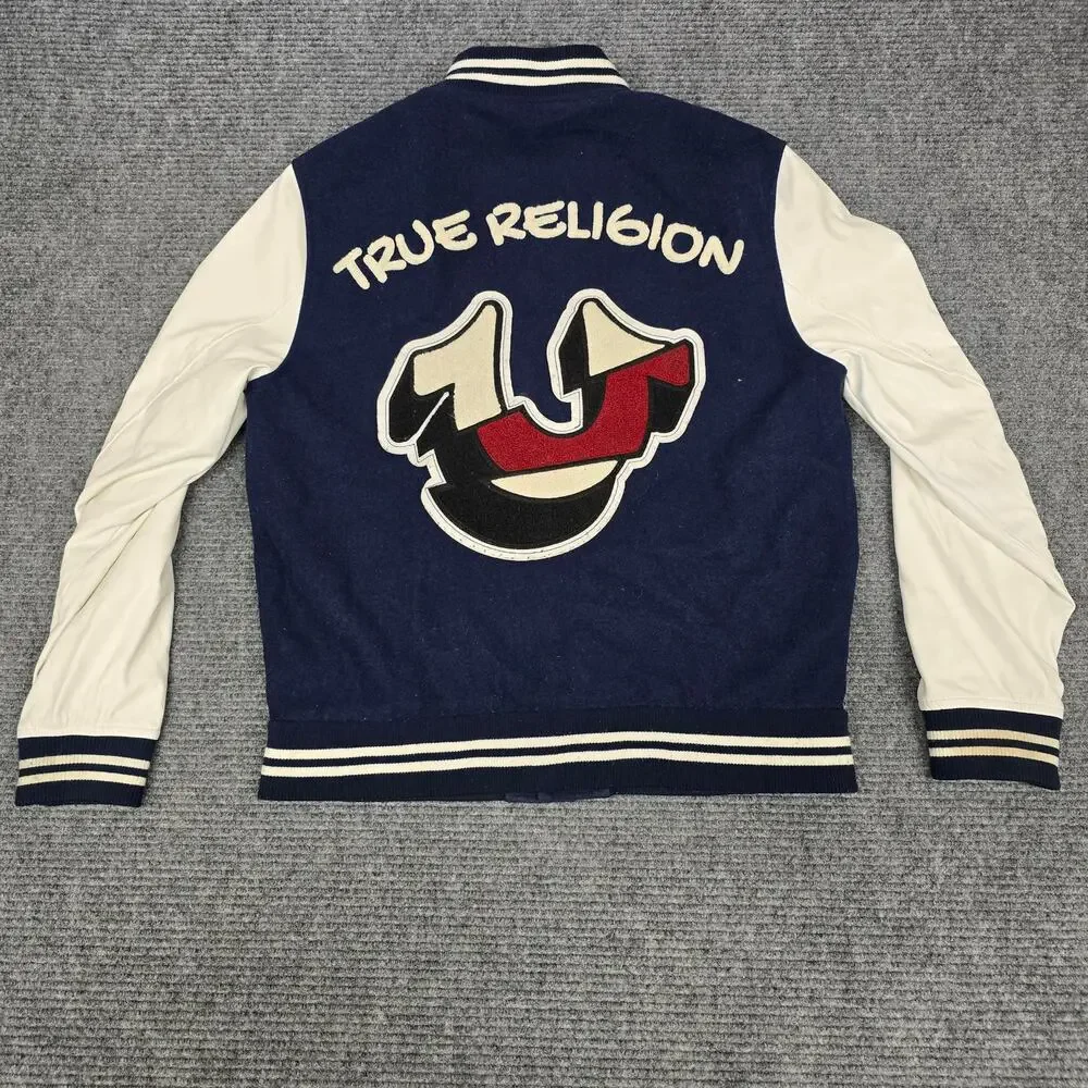 True Religion Varsity Jacket Mens S Navy White HS Patch Chenille NWT Flaw
